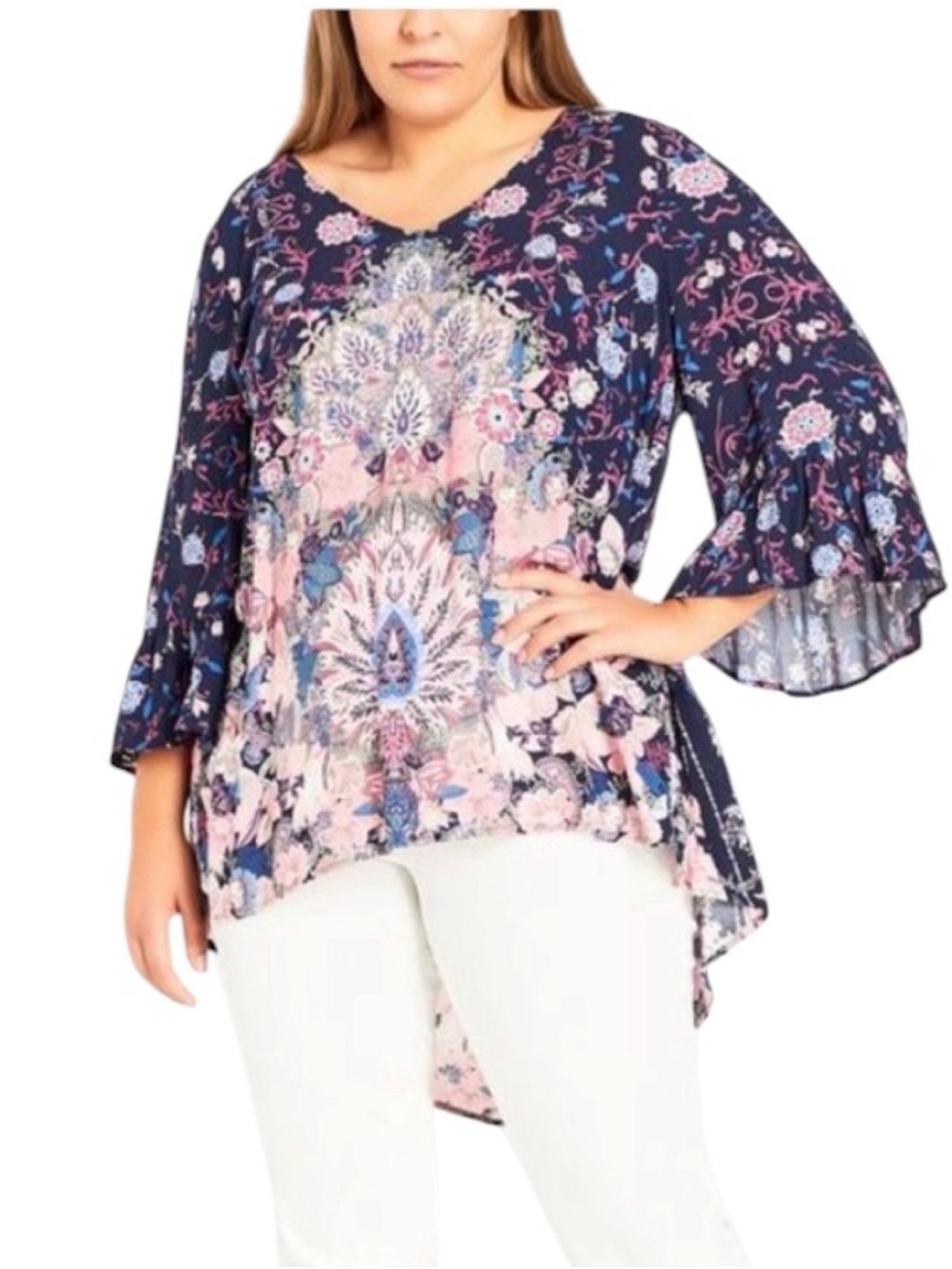 Avenue floral boho high low hem ¾ ruffle bell sleeve size 20
